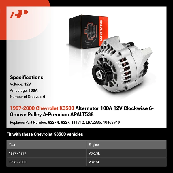 1997-2000 Chevrolet K3500 Alternator 100A 12V Clockwise 6-Groove Pulley A-Premium APALT538