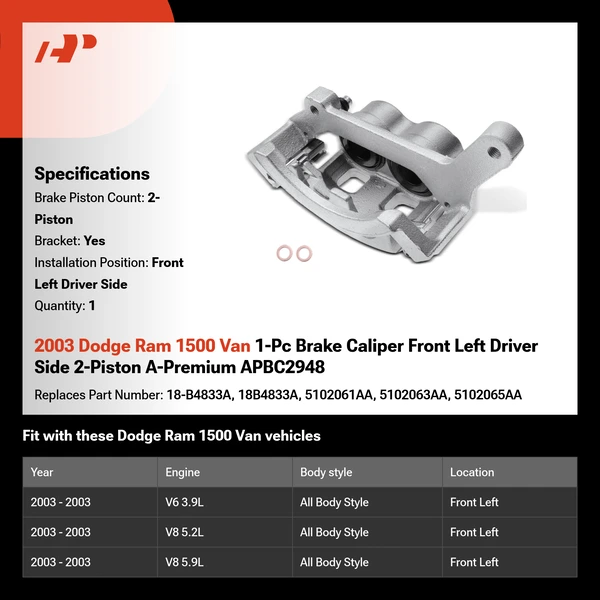 2003 Dodge Ram 1500 Van 1-Pc Brake Caliper Front Left Driver Side 2-Piston A-Premium APBC2948