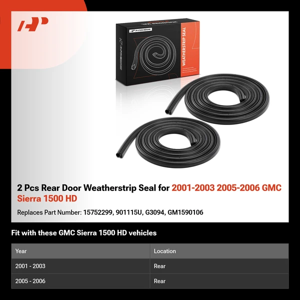 2 Pcs Rear Door Weatherstrip Seal for 2001-2003 2005-2006 GMC Sierra 1500 HD