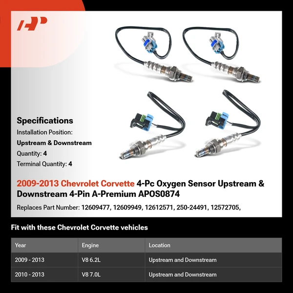 2009-2013 Chevrolet Corvette 4-Pc Oxygen Sensor Upstream & Downstream 4-Pin A-Premium APOS0874