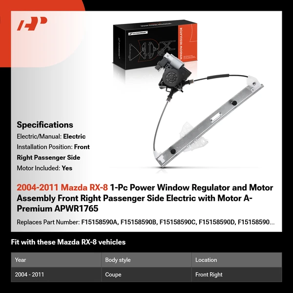 2004-2011 Mazda RX-8 1-Pc Power Window Regulator and Motor Assembly Front Right Passenger Side Electric with Motor A-Premium APWR1765