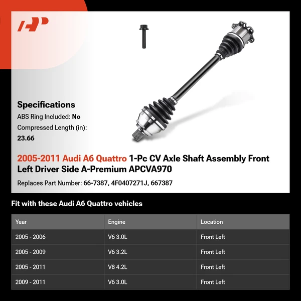 2005-2011 Audi A6 Quattro 1-Pc CV Axle Shaft Assembly Front Left Driver Side A-Premium APCVA970