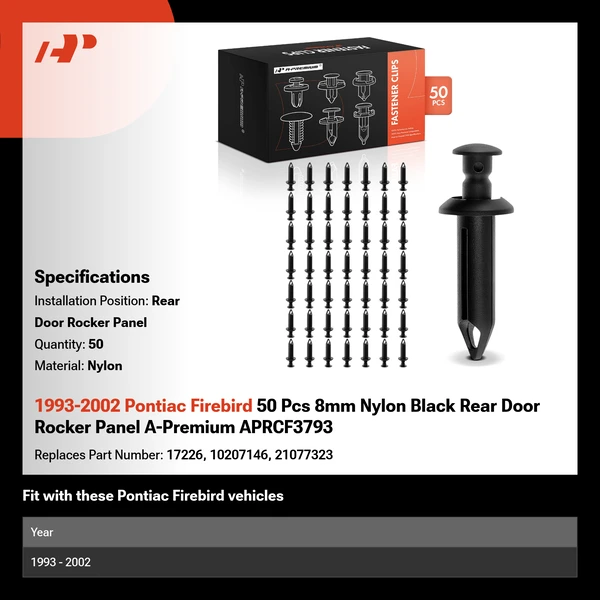 1993-2002 Pontiac Firebird 50 Pcs 8mm Nylon Black Rear Door Rocker Panel A-Premium APRCF3793