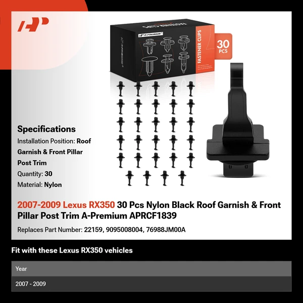2007-2009 Lexus RX350 30 Pcs Nylon Black Roof Garnish & Front Pillar Post Trim A-Premium APRCF1839