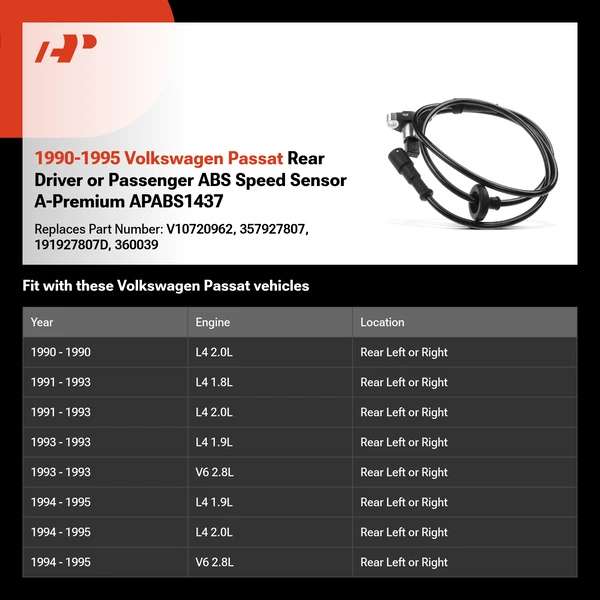 1990-1995 Volkswagen Passat Rear Driver or Passenger ABS Speed Sensor A-Premium APABS1437