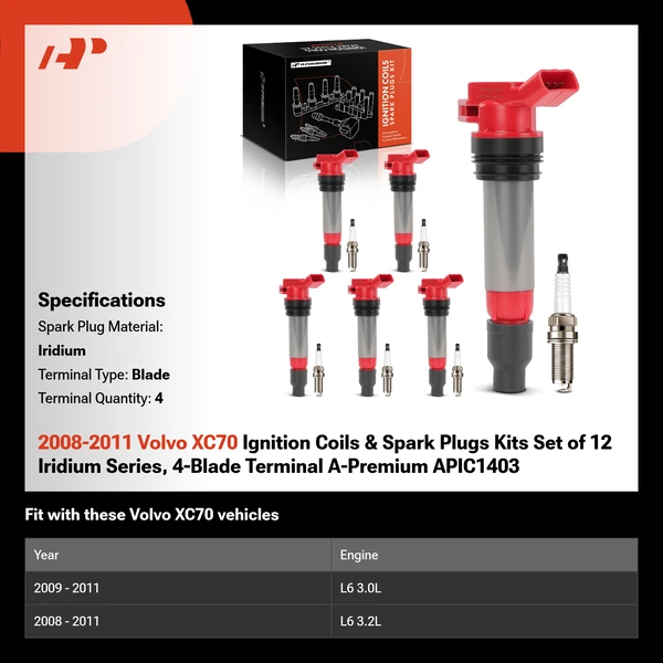 2008-2011 Volvo XC70 Ignition Coils & Spark Plugs Kits Set of 12 Iridium Series, 4-Blade Terminal A-Premium APIC1403