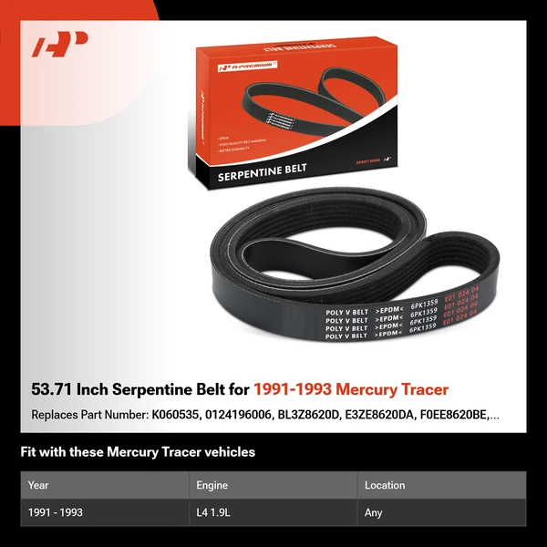 53.71 Inch Serpentine Belt for 1991-1993 Mercury Tracer