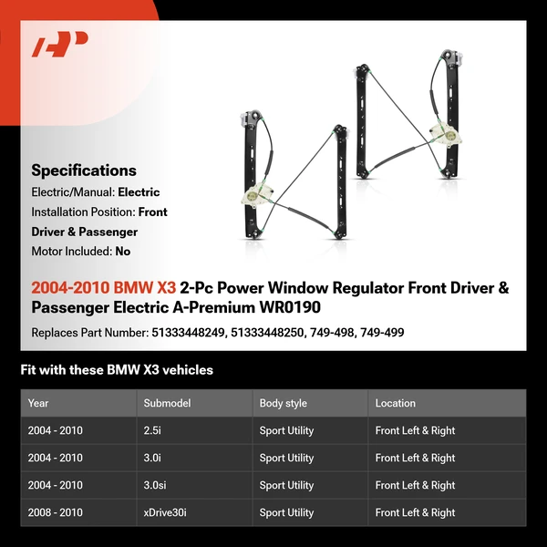 2004-2010 BMW X3 2-Pc Power Window Regulator Front Driver & Passenger Electric A-Premium WR0190