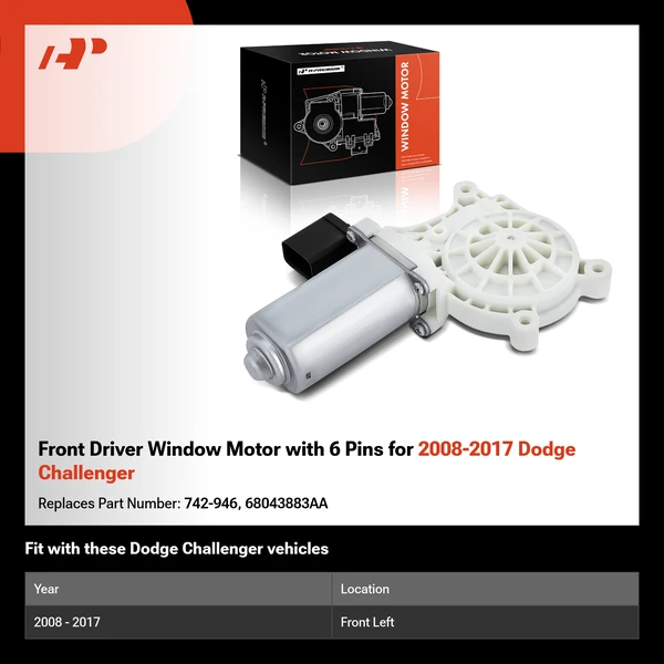 Front Driver Window Motor with 6 Pins for 2008-2017 Dodge Challenger