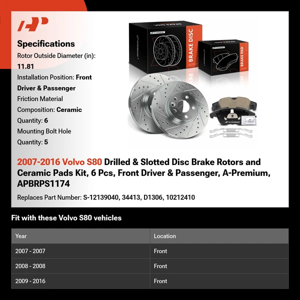 2007-2016 Volvo S80 Drilled & Slotted Disc Brake Rotors and Ceramic Pads Kit, 6 Pcs, Front Driver & Passenger, A-Premium, APBRPS1174