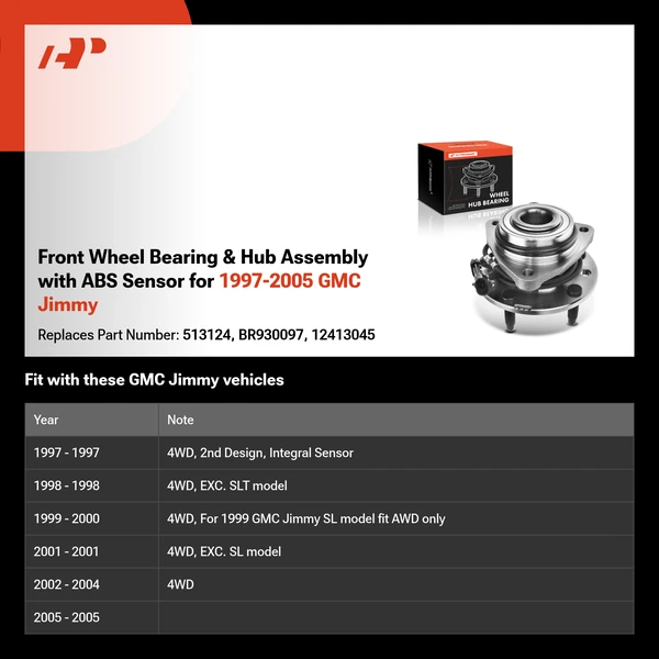 Front Wheel Bearing & Hub Assembly with ABS Sensor for 1997-2005 GMC Jimmy