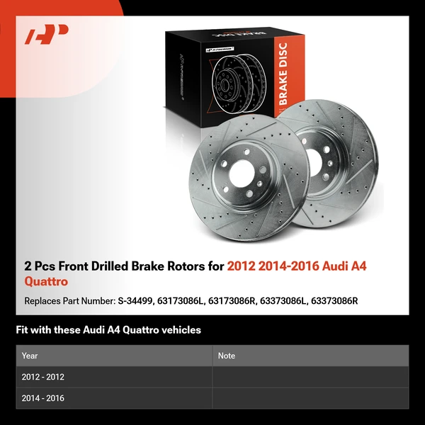 2 Pcs Front Drilled Brake Rotors for 2012 2014-2016 Audi A4 Quattro