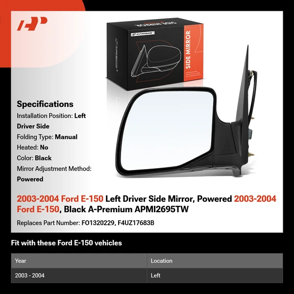 2003-2004 Ford E-150 Left Driver Side Mirror, Powered 2003-2004 Ford E-150, Black A-Premium APMI2695TW