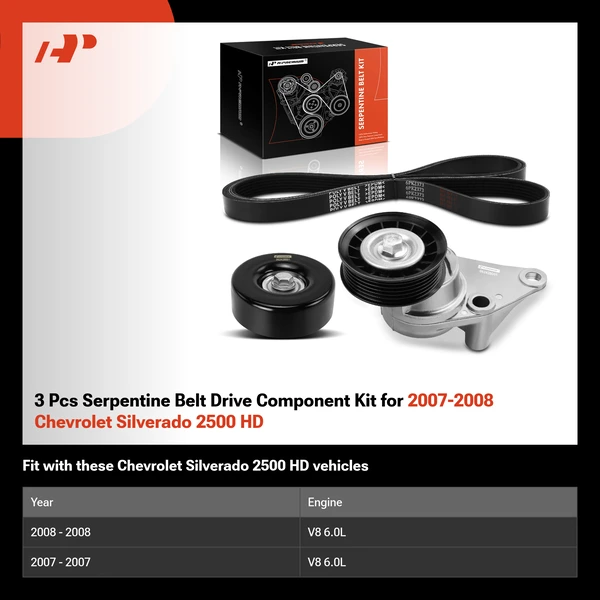 3 Pcs Serpentine Belt Drive Component Kit for 2007-2008 Chevrolet Silverado 2500 HD