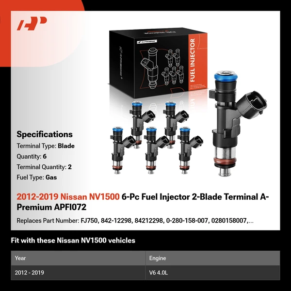 2012-2019 Nissan NV1500 6-Pc Fuel Injector 2-Blade Terminal A-Premium APFI072