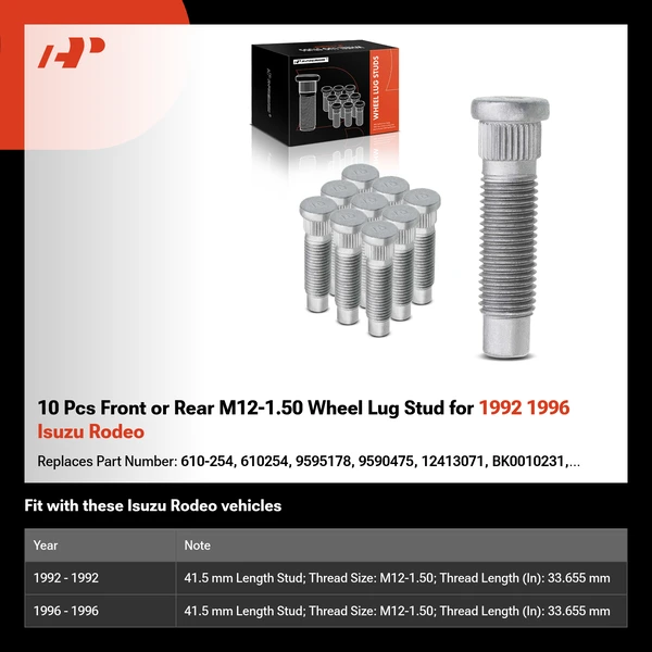 10 Pcs Front or Rear M12-1.50 Wheel Lug Stud for 1992 1996 Isuzu Rodeo
