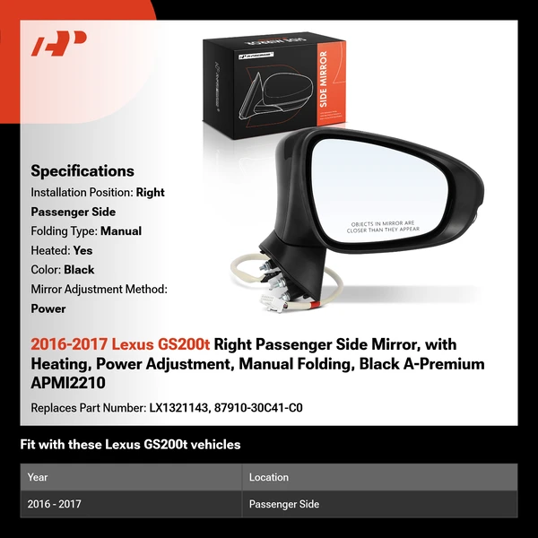 2016-2017 Lexus GS200t Right Passenger Side Mirror, with Heating, Power Adjustment, Manual Folding, Black A-Premium APMI2210