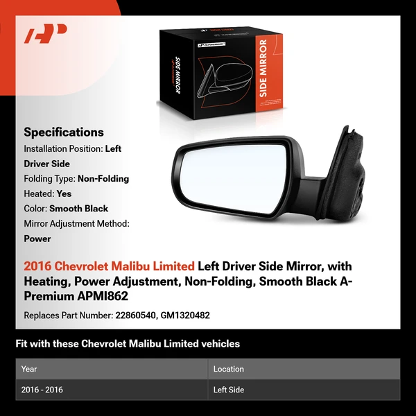 2016 Chevrolet Malibu Limited Left Driver Side Mirror, with Heating, Power Adjustment, Non-Folding, Smooth Black A-Premium APMI862