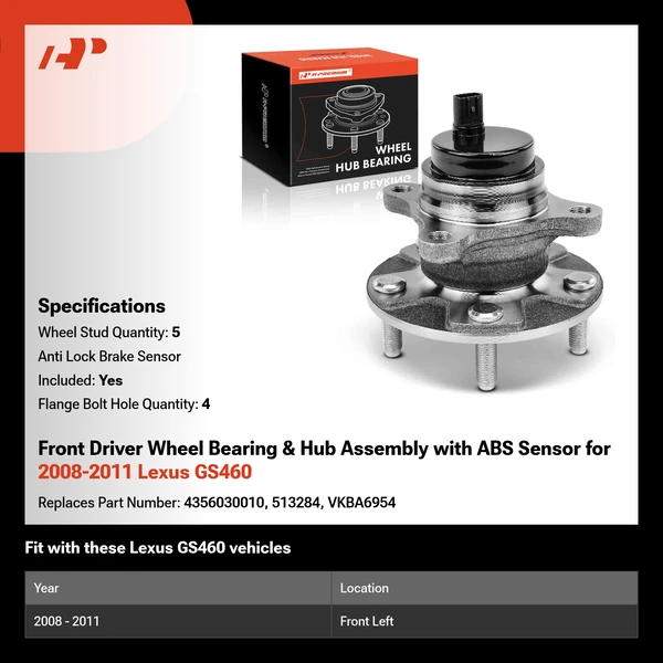 Front Driver Wheel Bearing & Hub Assembly with ABS Sensor for 2008-2011 Lexus GS460