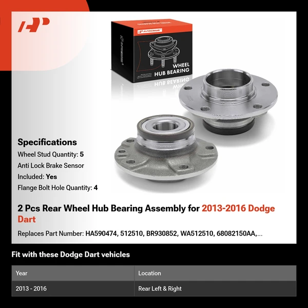 2 Pcs Rear Wheel Hub Bearing Assembly for 2013-2016 Dodge Dart