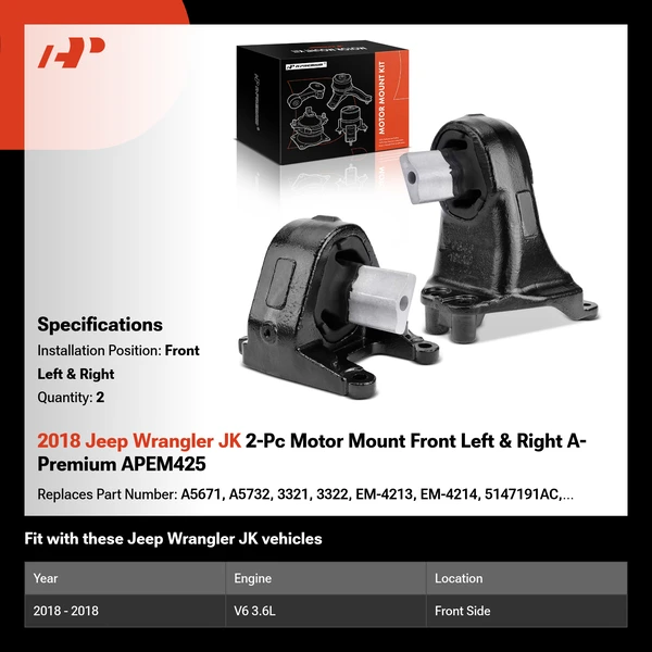 2018 Jeep Wrangler JK 2-Pc Motor Mount Front Left & Front Right A-Premium APEM425