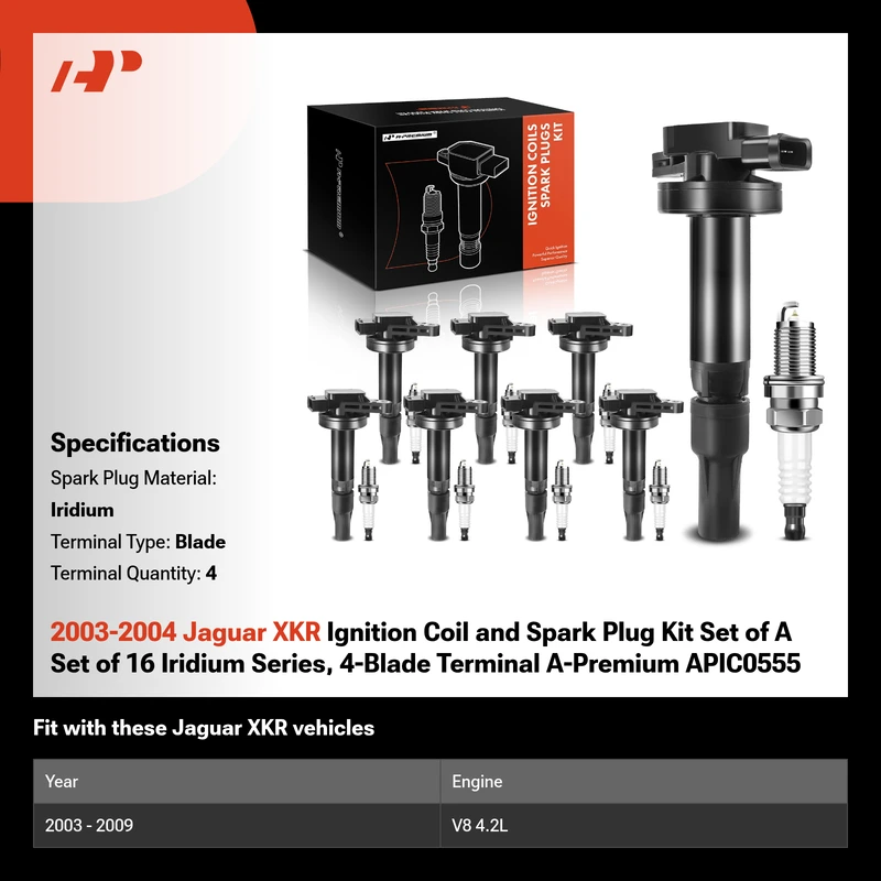 2003-2004 Jaguar XKR Ignition Coil and Spark Plug Kit Set of A Set of 16 Iridium Series, 4-Blade Terminal A-Premium APIC0555