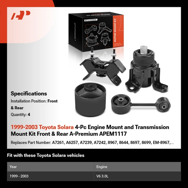 1999-2003 Toyota Solara 4-Pc Engine Mount and Transmission Mount Kit Front & Rear A-Premium APEM1117