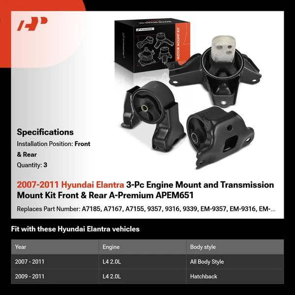 2007-2011 Hyundai Elantra 3-Pc Engine Mount and Transmission Mount Kit Front & Rear A-Premium APEM651