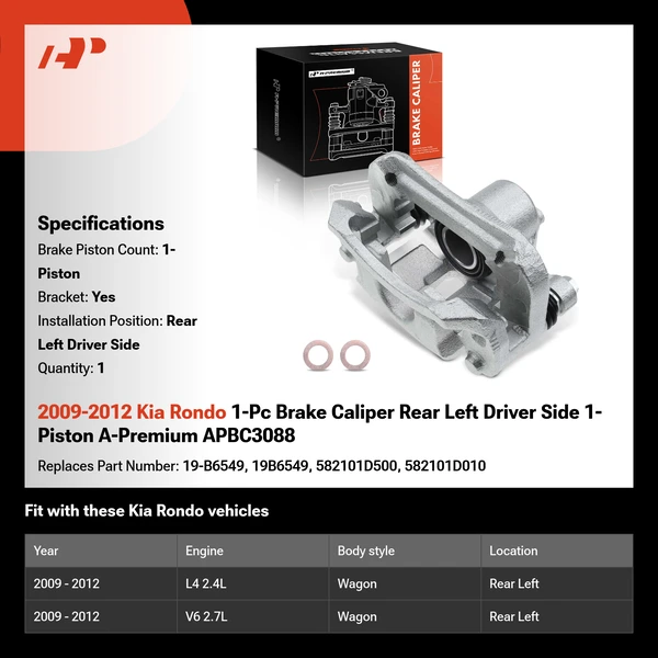 2009-2012 Kia Rondo 1-Pc Brake Caliper Rear Left Driver Side 1-Piston A-Premium APBC3088