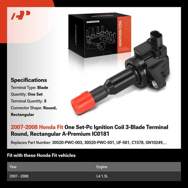 2007-2008 Honda Fit One Set-Pc Ignition Coil 3-Blade Terminal Round, Rectangular A-Premium IC0181