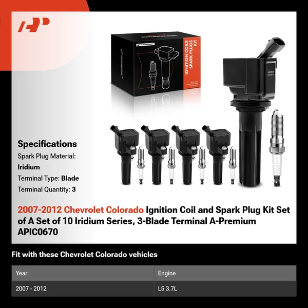 2007-2012 Chevrolet Colorado Ignition Coil and Spark Plug Kit Set of A Set of 10 Iridium Series, 3-Blade Terminal A-Premium APIC0670