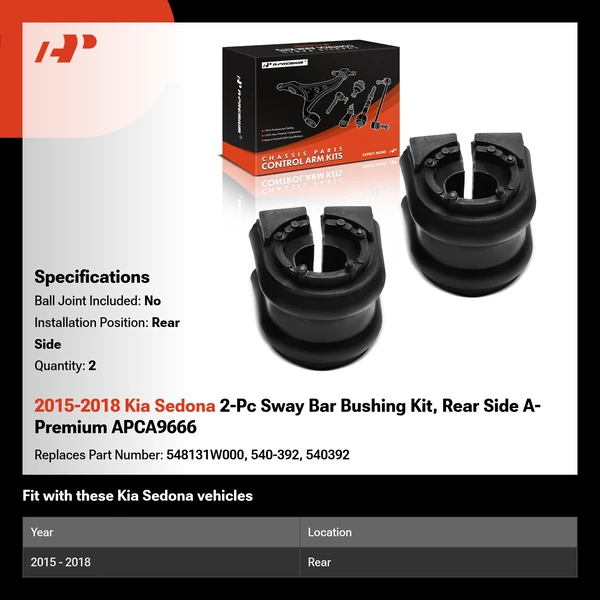 2015-2018 Kia Sedona 2-Pc Sway Bar Bushing Kit, Rear Side A-Premium APCA9666