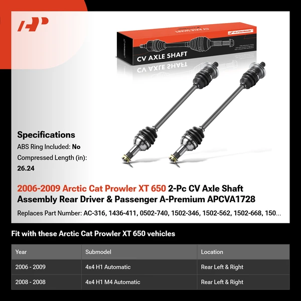 2006-2009 Arctic Cat Prowler XT 650 2-Pc CV Axle Shaft Assembly Rear Driver & Passenger A-Premium APCVA1728