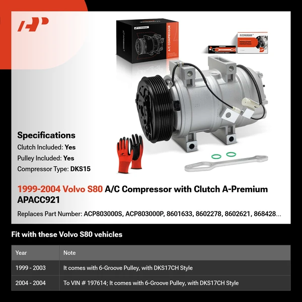 1999-2004 Volvo S80 A/C Compressor with Clutch A-Premium APACC921