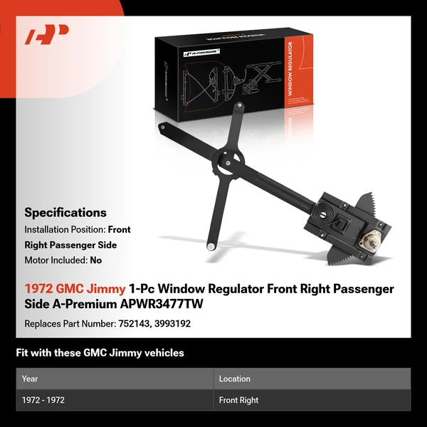 1972 GMC Jimmy 1-Pc Window Regulator Front Right Passenger Side A-Premium APWR3477TW