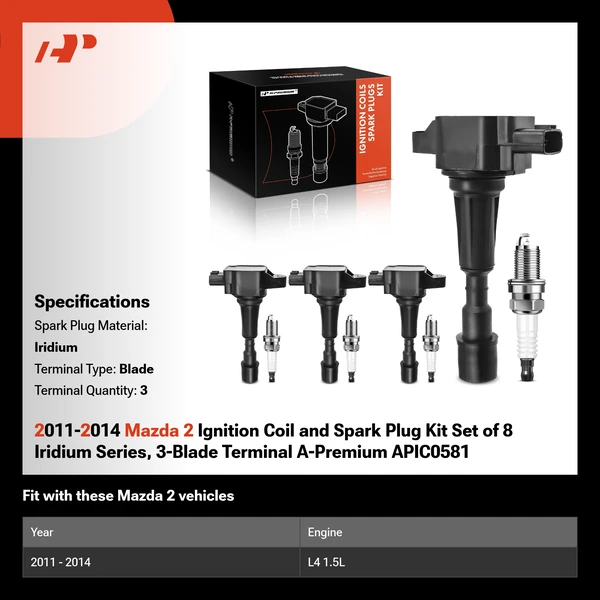 2011-2014 Mazda 2 Ignition Coil and Spark Plug Kit Set of 8 Iridium Series, 3-Blade Terminal A-Premium APIC0581