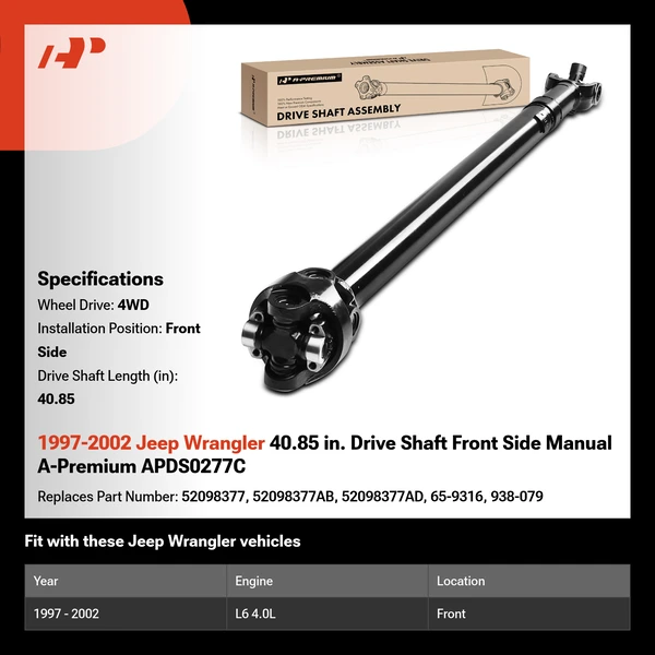 1997-2002 Jeep Wrangler 40.85 in. Drive Shaft Front Side Manual A-Premium APDS0277C