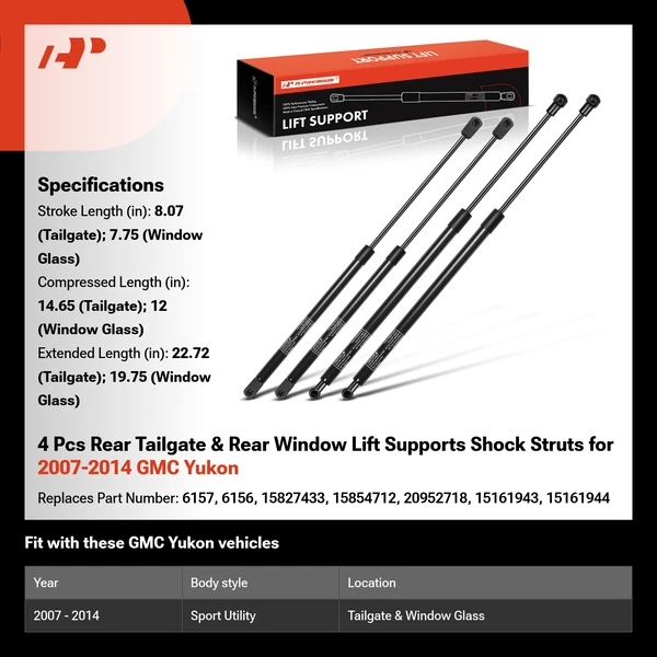 4 Pcs Rear Tailgate & Rear Window Lift Supports Shock Struts for 2007-2014 GMC Yukon