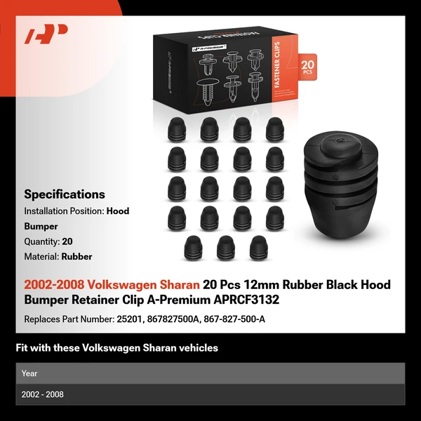 2002-2008 Volkswagen Sharan 20 Pcs 12mm Rubber Black Hood Bumper Retainer Clip A-Premium APRCF3132