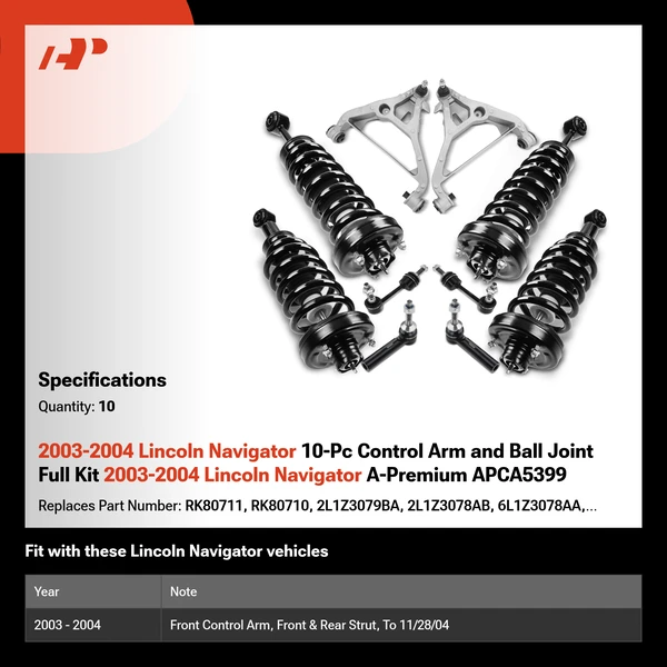 2003-2004 Lincoln Navigator 10-Pc Control Arm and Ball Joint Full Kit 2003-2004 Lincoln Navigator A-Premium APCA5399