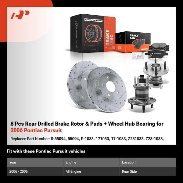 8 Pcs Rear Drilled Brake Rotor & Pads + Wheel Hub Bearing for 2006 Pontiac Pursuit