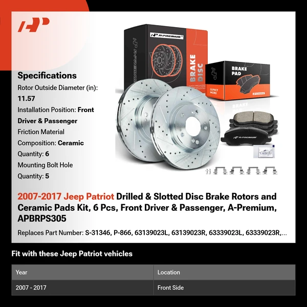 2007-2017 Jeep Patriot Drilled & Slotted Disc Brake Rotors and Ceramic Pads Kit, 6 Pcs, Front Driver & Passenger, A-Premium, APBRPS305