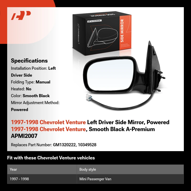 1997-1998 Chevrolet Venture Left Driver Side Mirror, Powered 1997-1998 Chevrolet Venture, Smooth Black A-Premium APMI2007