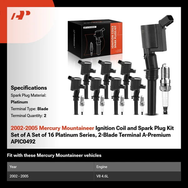 2002-2005 Mercury Mountaineer Ignition Coil and Spark Plug Kit Set of A Set of 16 Platinum Series, 2-Blade Terminal A-Premium APIC0492