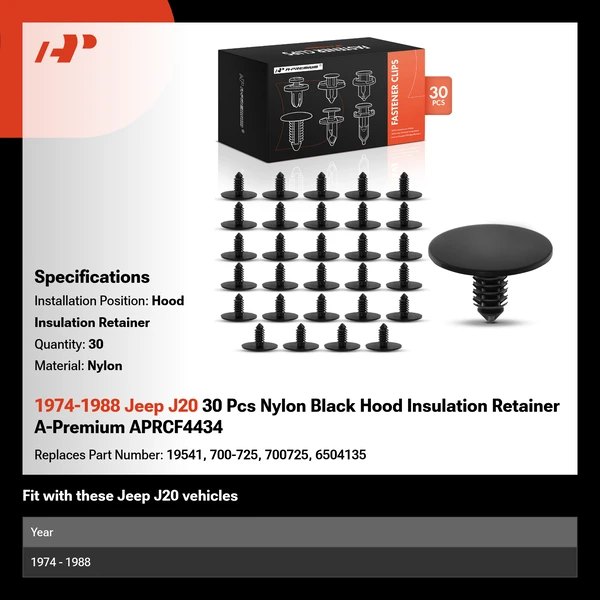 1974-1988 Jeep J20 30 Pcs Nylon Black Hood Insulation Retainer A-Premium APRCF4434