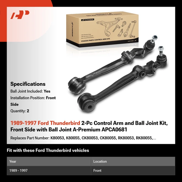 1989-1997 Ford Thunderbird 2-Pc Control Arm and Ball Joint Kit, Front Side with Ball Joint A-Premium APCA0681