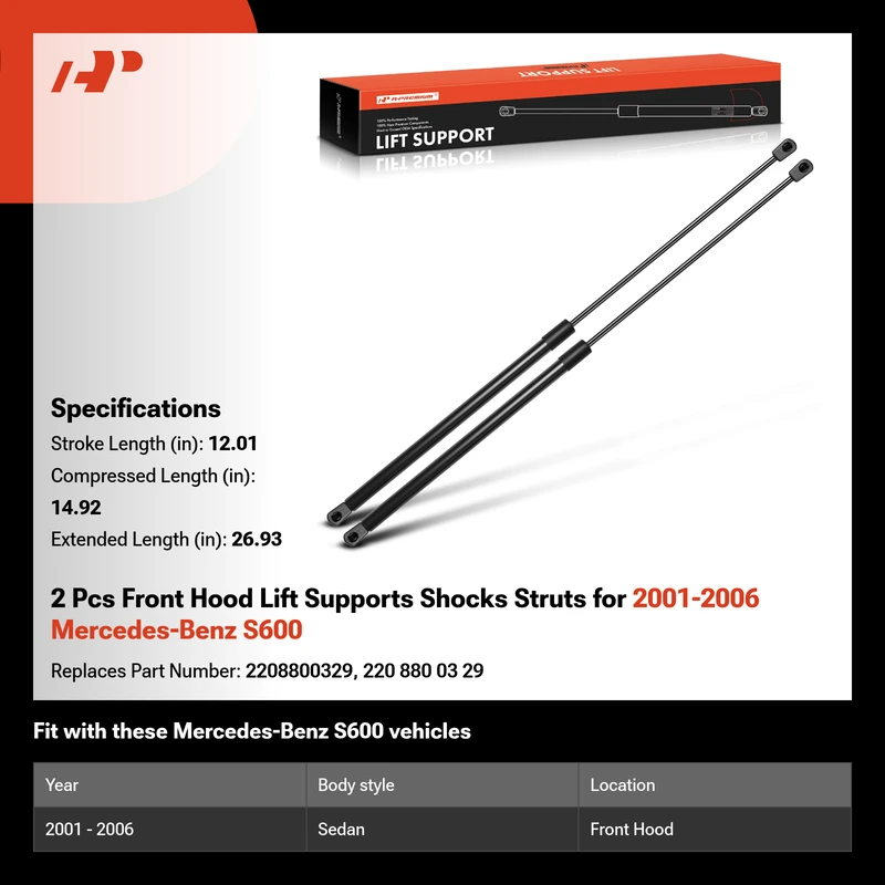 2 Pcs Front Hood Lift Supports Shocks Struts for 2001-2006 Mercedes-Benz S600
