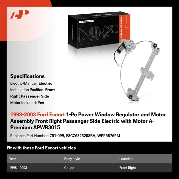 1998-2003 Ford Escort 1-Pc Power Window Regulator and Motor Assembly Front Right Passenger Side Electric with Motor A-Premium APWR3015