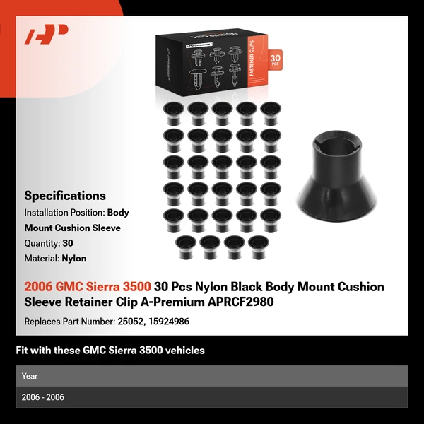 2006 GMC Sierra 3500 30 Pcs Nylon Black Body Mount Cushion Sleeve Retainer Clip A-Premium APRCF2980