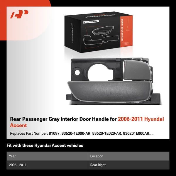 Rear Passenger Gray Interior Door Handle for 2006-2011 Hyundai Accent